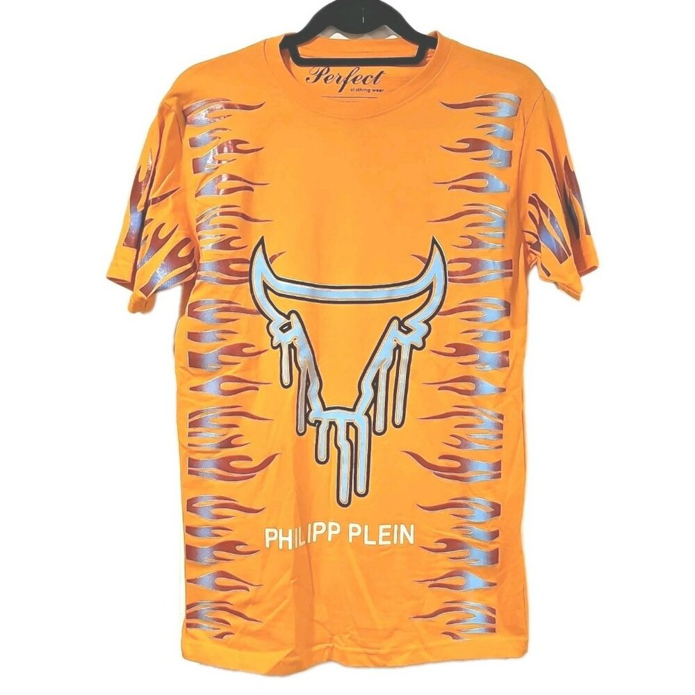 Philipp Plein T-Shirt Men Medium Orange All Over Print Preppy Rockabilly